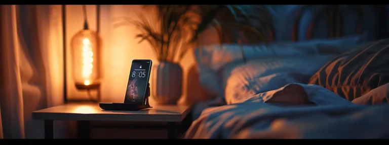 a sleek, modern smartphone sitting on a bedside table with a digital clock displaying the time.