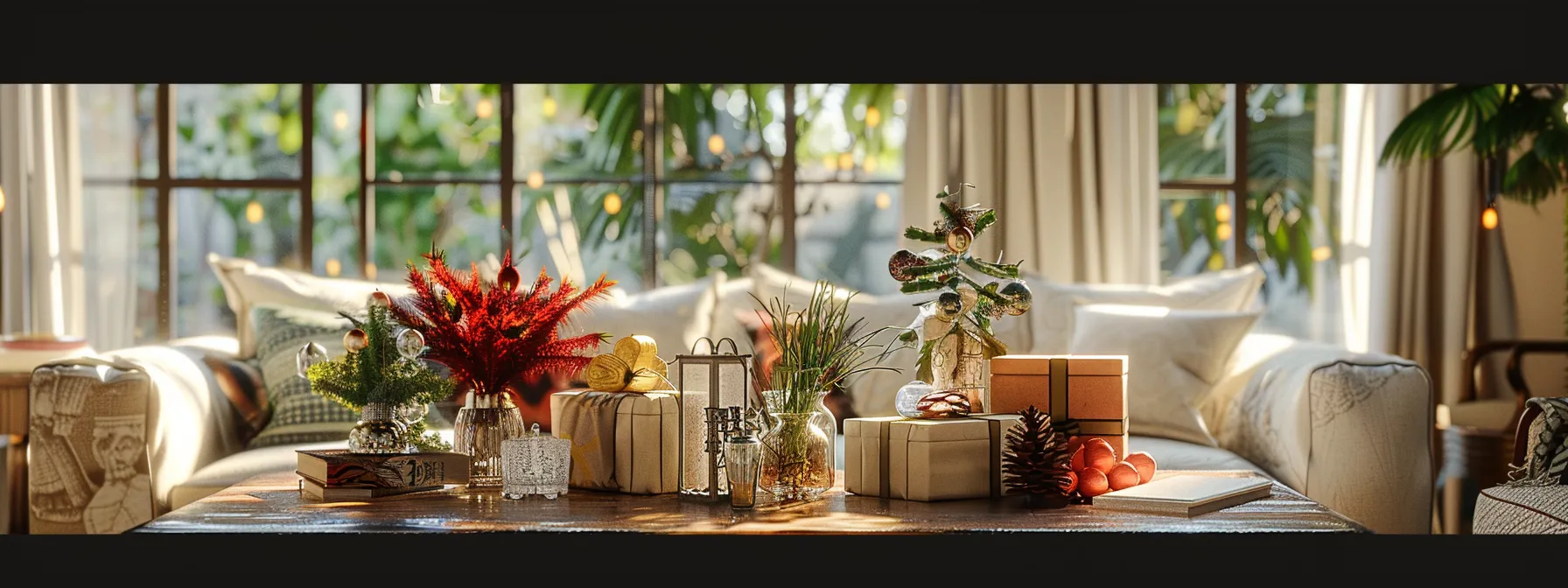 a beautifully decorated living room with unique home gifts displayed on a coffee table.