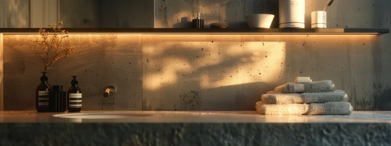 a modern bathroom with sleek shelves holding toiletries and towels.