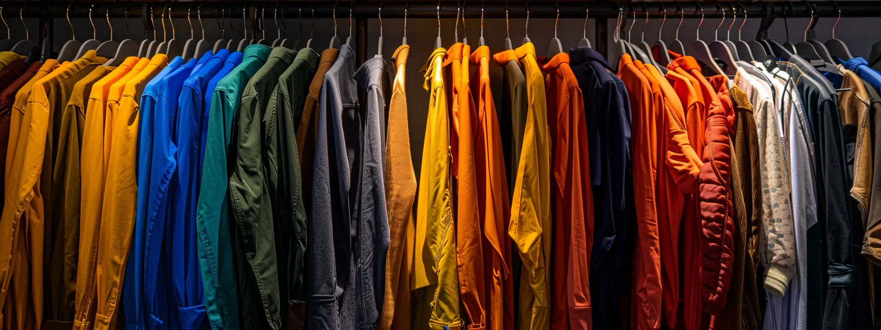 a colorful array of trendy clothing displayed on racks in a boutique store.