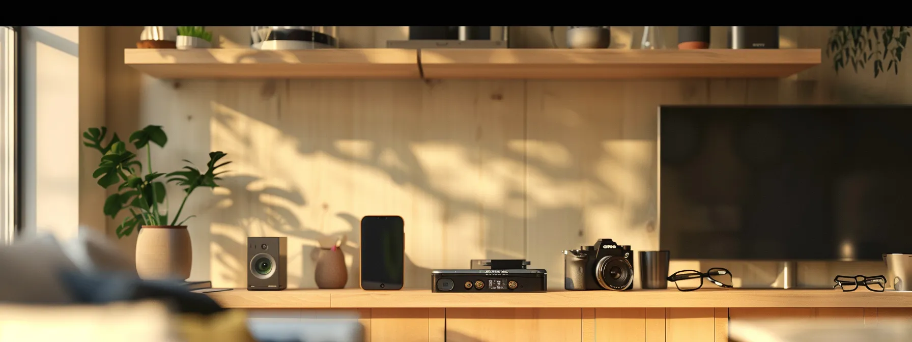 modern and sleek electronic devices neatly organized on a living room shelf.