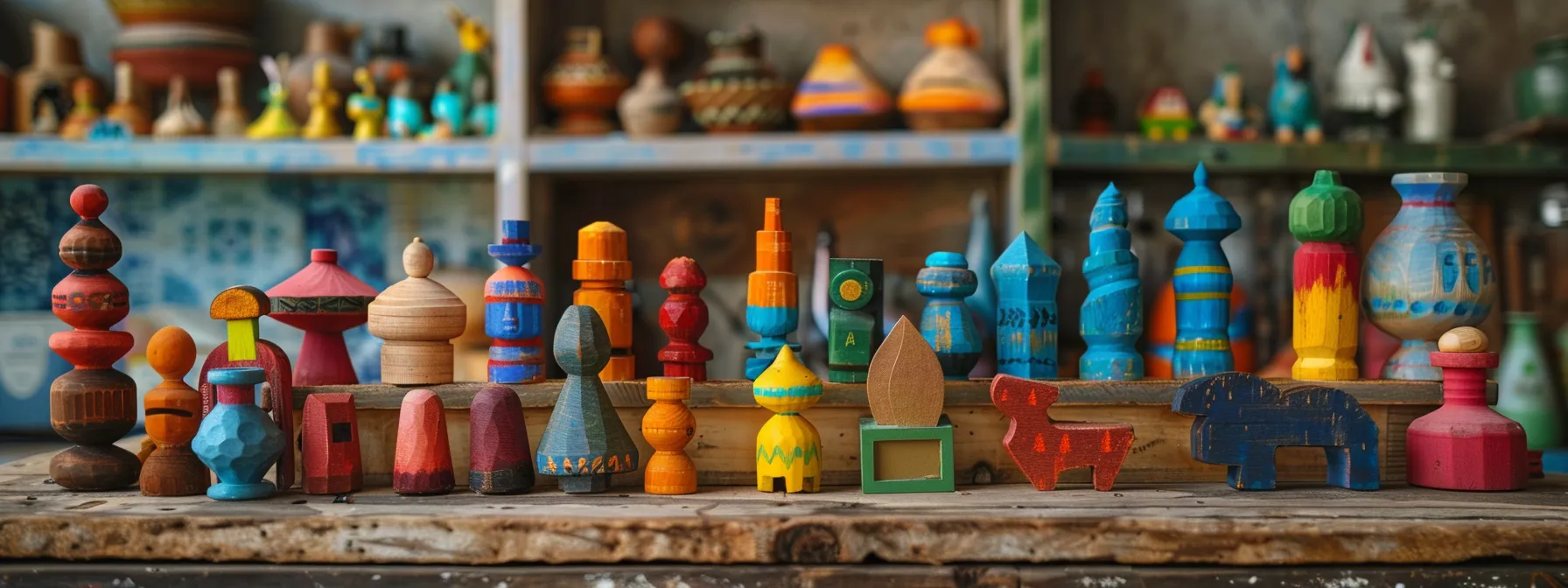 a colorful display of whimsical, handcrafted wooden toys arranged neatly on a rustic wooden table.