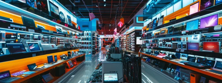 vibrant electronics store shelves filled with the latest gadgets and devices, with bright displays and interactive features.