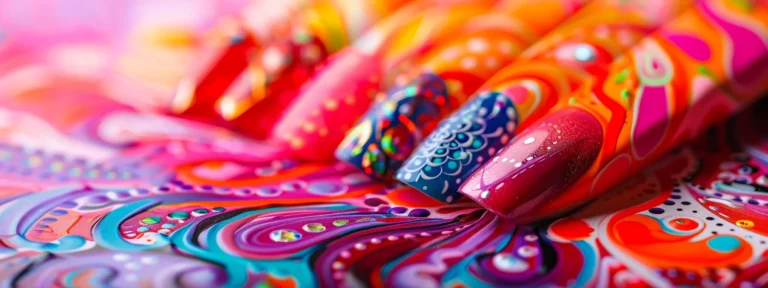 vibrant, intricate nail art designs displayed on a colorfully patterned background.