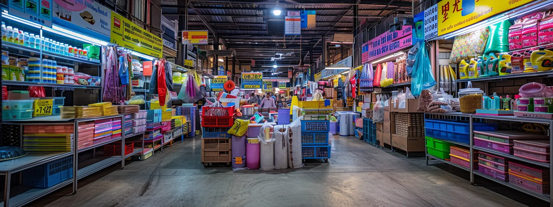 a bustling marketplace filled with rows of vibrant kitchen and bathroom supplies stacked neatly on shelves, with colorful signs advertising discounts and promotions hanging above.