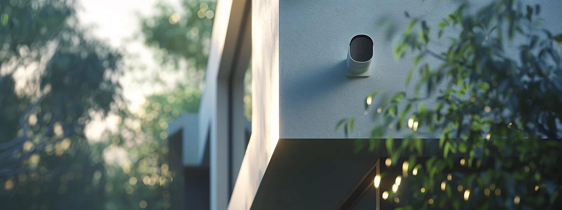 a sleek, modern security camera discreetly mounted high on a corner of a house, overlooking the property with a clear view.