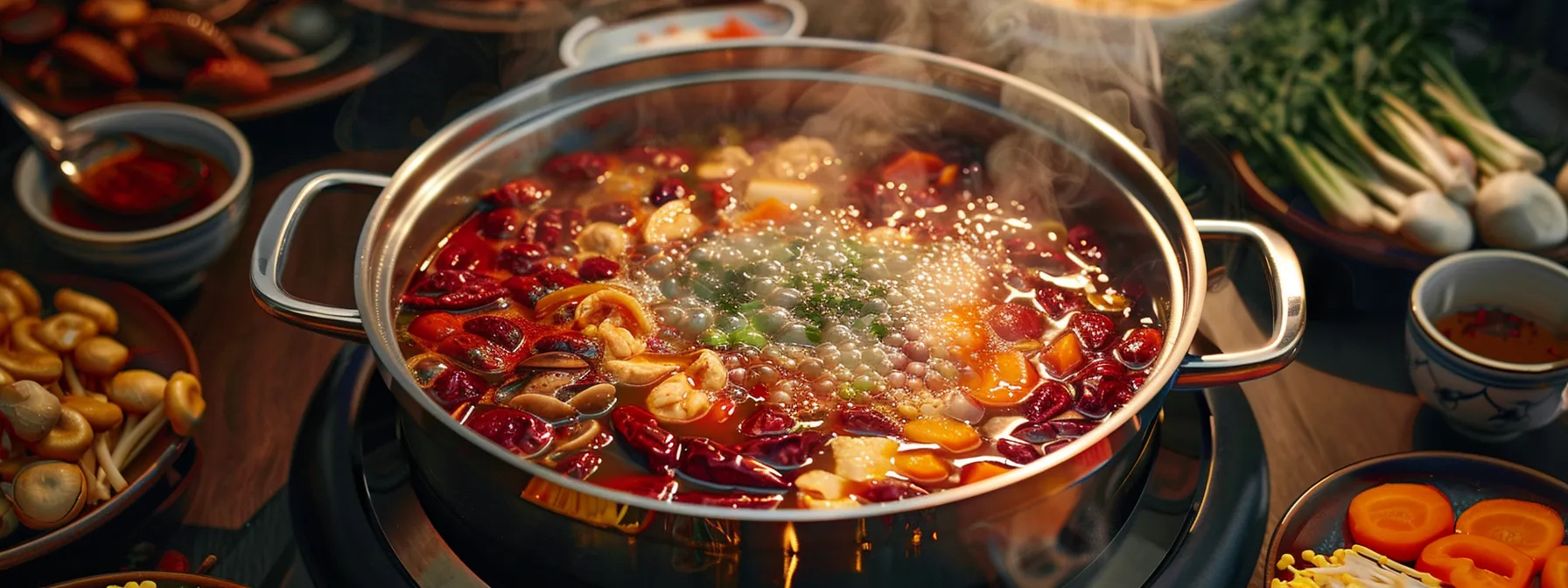 a gleaming stainless steel hotpot pot surrounded by vibrant ingredients and simmering broth, ready for a flavorful feast.