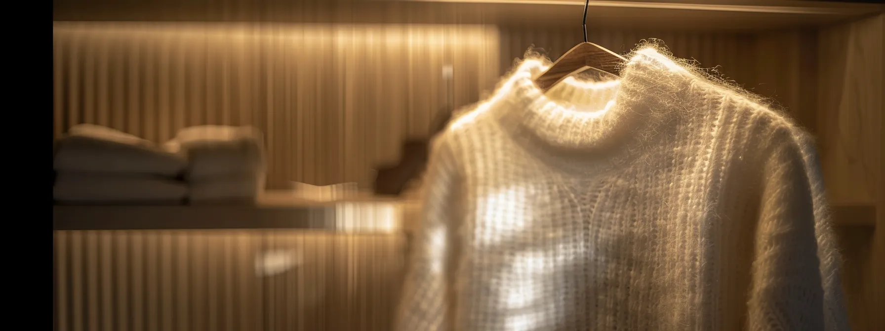 a luxurious champagne lover's pullover delicately draped on a hanger in a pristine, sunlit closet.