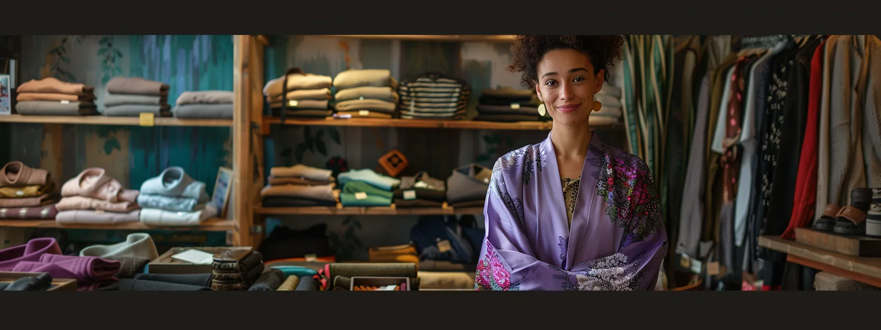 a woman admiring a stunning violet kimono in a chic women's boutique, surrounded by unique and ethically sourced fashion pieces.