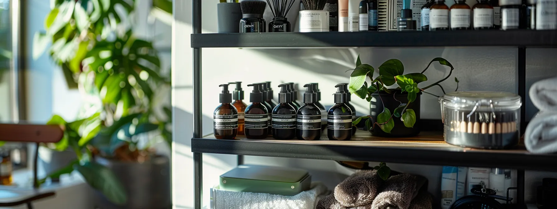 a sleek grooming cart filled with an array of nourishing shampoos and precision brushes, creating a stylish and organized set-up for stress-free fur maintenance.