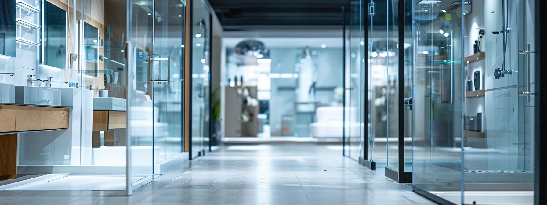 a bathroom showroom filled with gleaming glass shower doors and modern shower enclosures on sale.