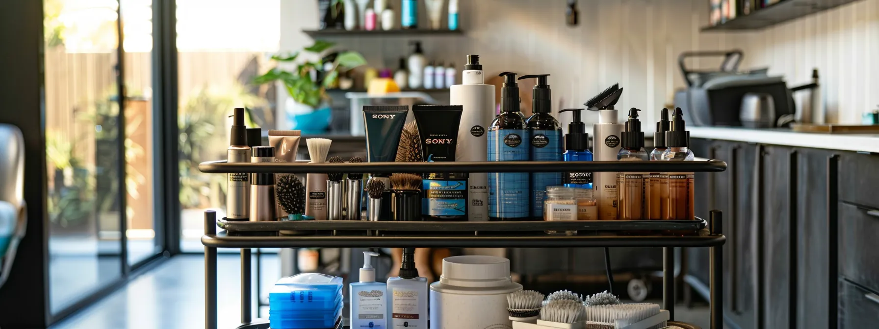 a sleek, modern grooming cart filled with an array of high-quality brushes and shampoos, all designed to pamper and care for pets in style.