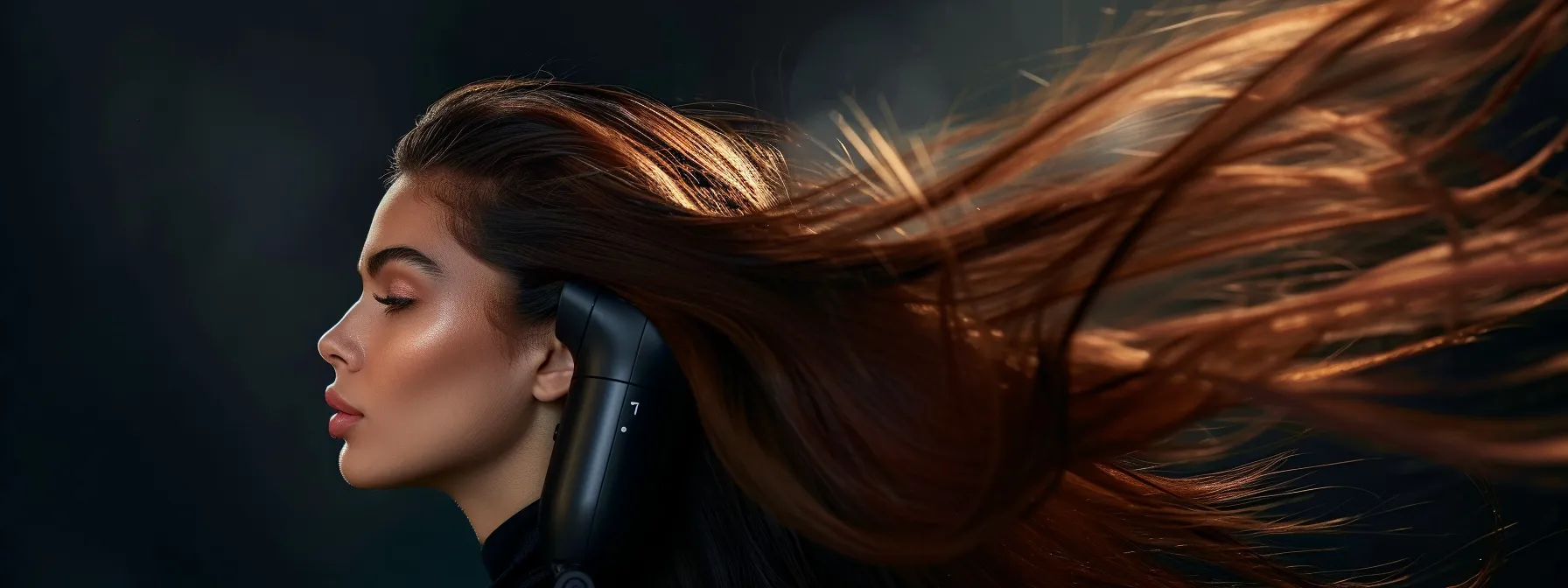 a woman with glossy, voluminous hair effortlessly styling her locks with a sleek, advanced blow dry styler.