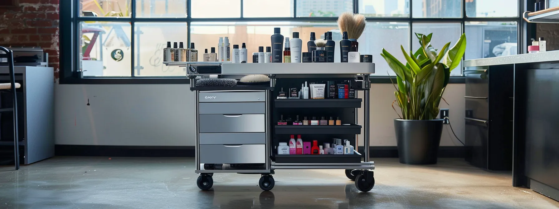 a sleek grooming cart stocked with top-of-the-line brushes and shampoos, showcasing realworldbuy llc's commitment to streamlined pet grooming practices.