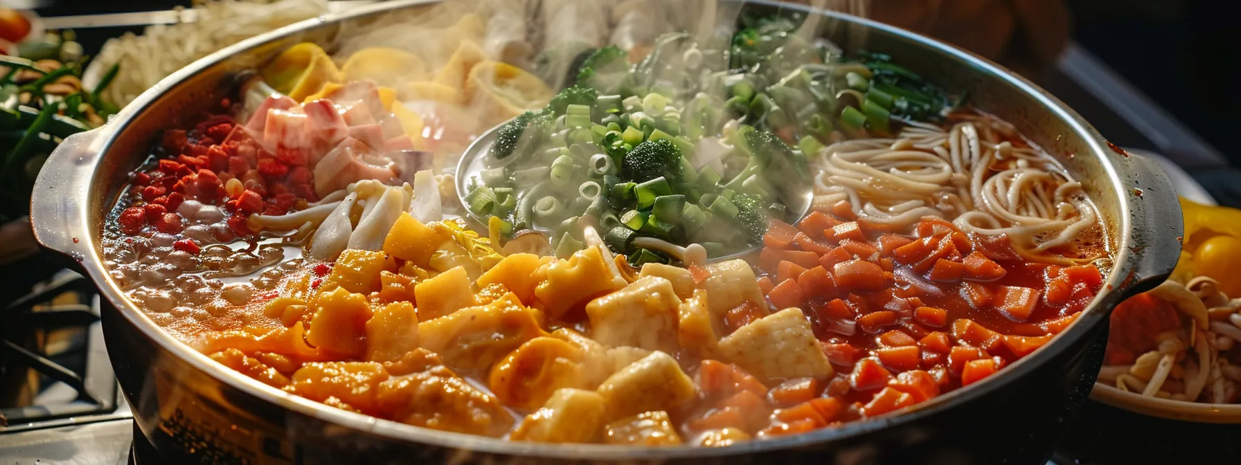 a steaming, bubbling hotpot pot filled with an array of colorful and fresh ingredients, ready to be shared and enjoyed with friends and family.