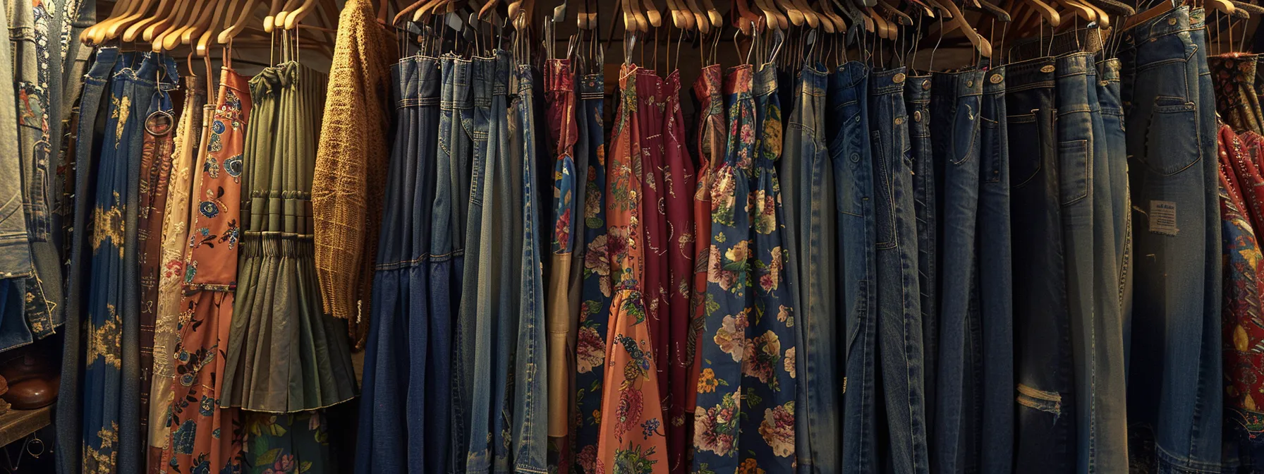 a rack of stylish, unique skirts, jeans, and denim in a women's boutique, showcasing quality craftsmanship and individual fashion sense.