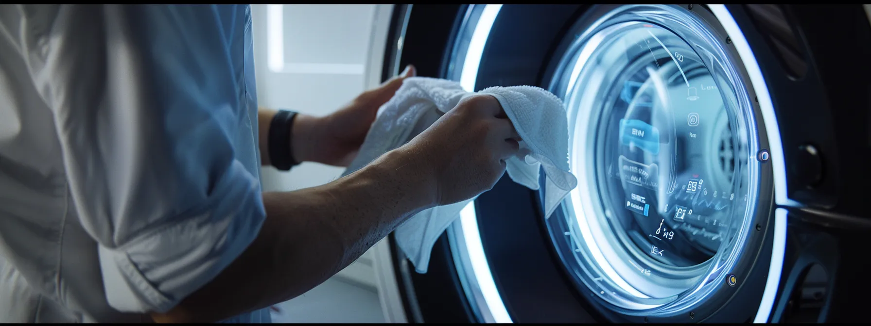 a person carefully wiping down a modern, high-tech security camera with a microfiber cloth to ensure its continued effectiveness and longevity.