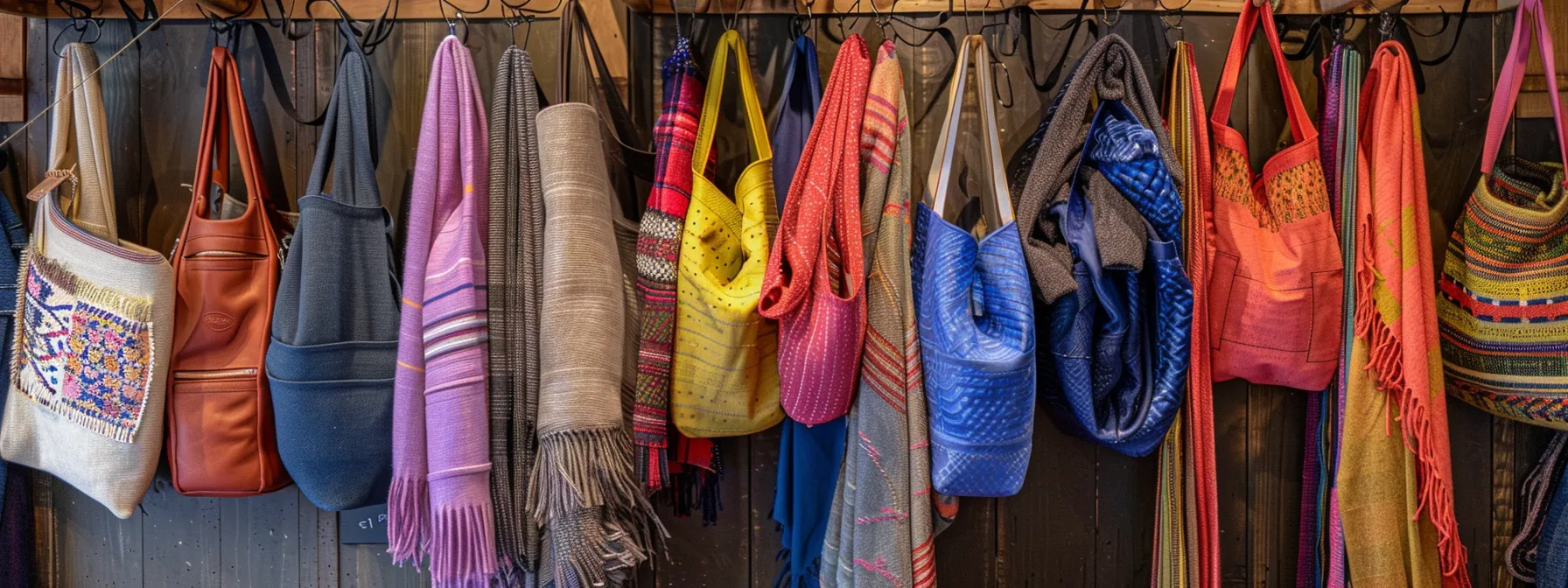 a colorful display of stylish tote bags, durable leggings, timeless straps, and elegant wool scarves at a local boutique, showcasing a variety of enticing deals.