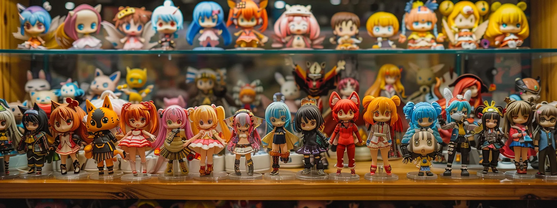 a colorful array of anime figurines displayed on a beautifully crafted shelf, showcasing a dedicated collector's passion and commitment to supporting the industry.