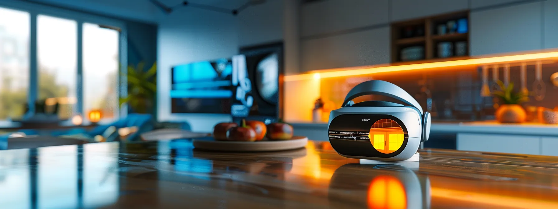 a sleek, modern kitchen with virtual reality goggles on a countertop, showcasing the contrast between online and in-store shopping options for home decor.