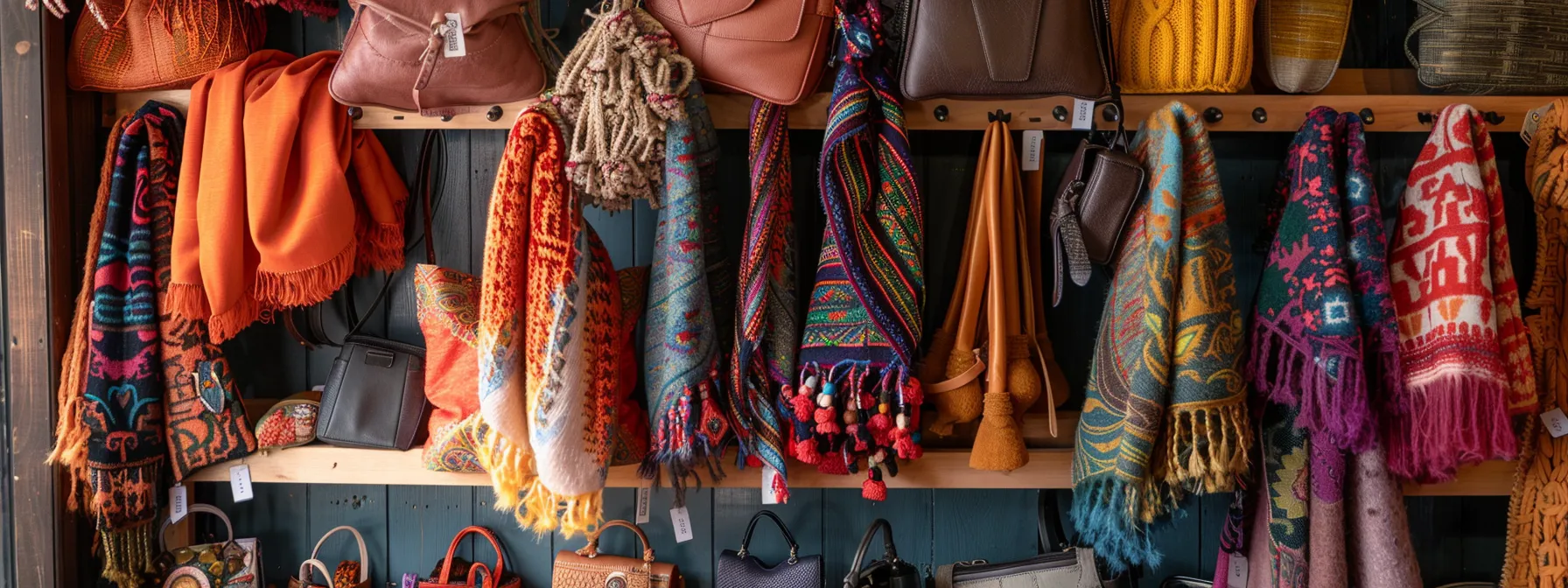 a colorful array of trendy, budget-friendly accessories like cozy scarves, versatile handbags, and timeless leather goods elegantly displayed on a stylish rack.