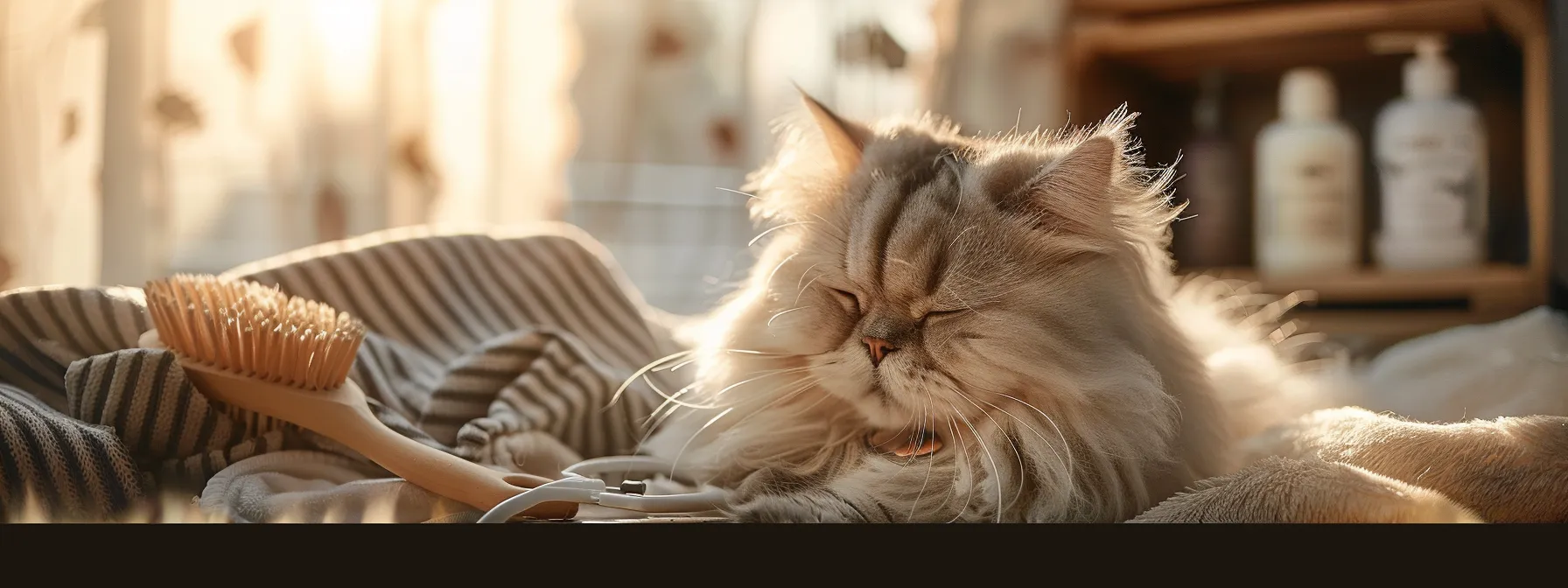 a fluffy persian cat luxuriously groomed with a sleek, ergonomic brush, surrounded by a selection of grooming tools and products.