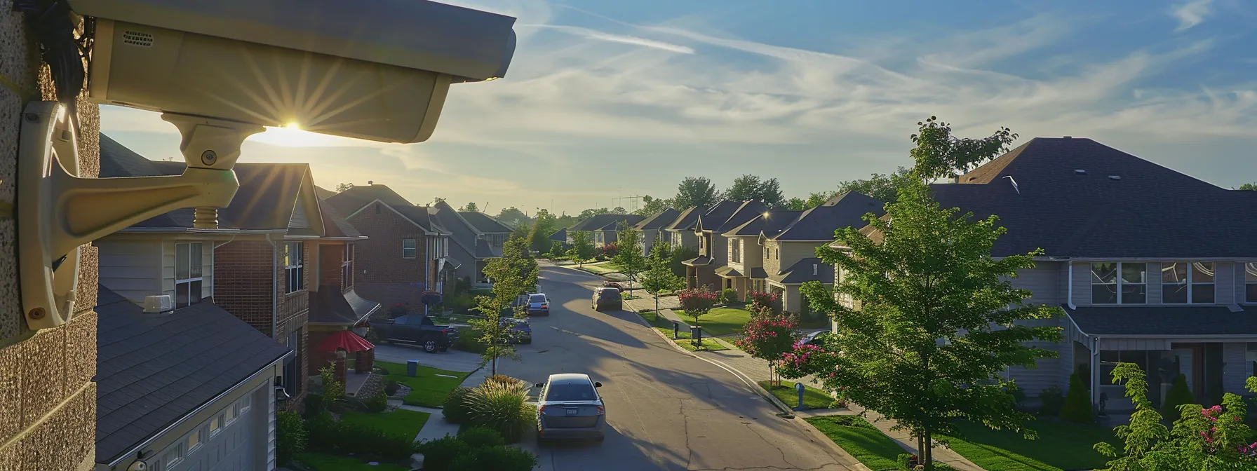 a home security camera overlooking a peaceful neighborhood, ensuring privacy and legal compliance with clear signage for visitors and neighbors.