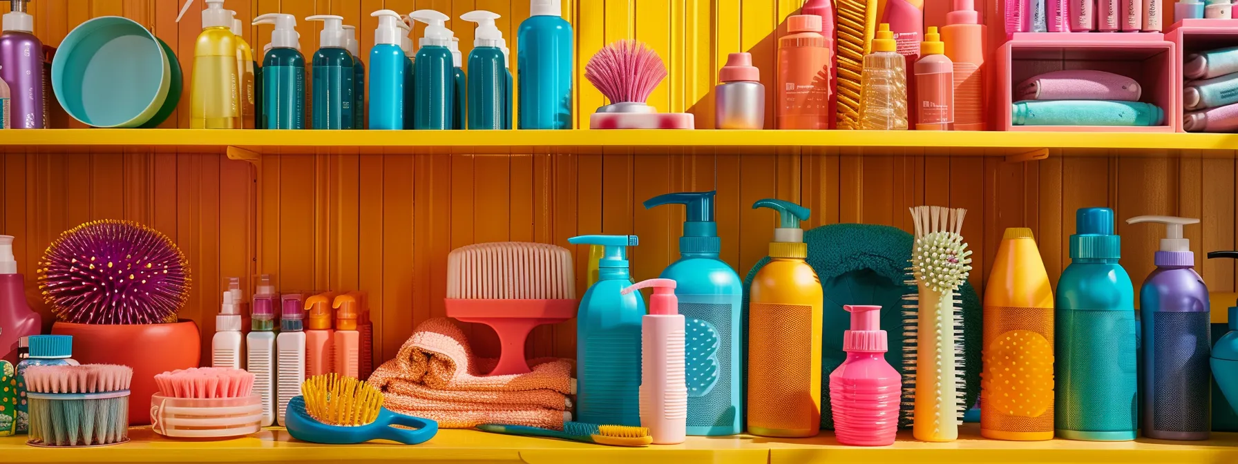 a colorful array of pet grooming supplies neatly organized on a table, including brushes, combs, and shampoos, ready for use.