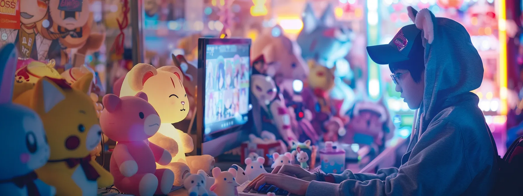 a person eagerly scrolling through a vibrant and engaging anime merchandise website, surrounded by plushies and collectibles.