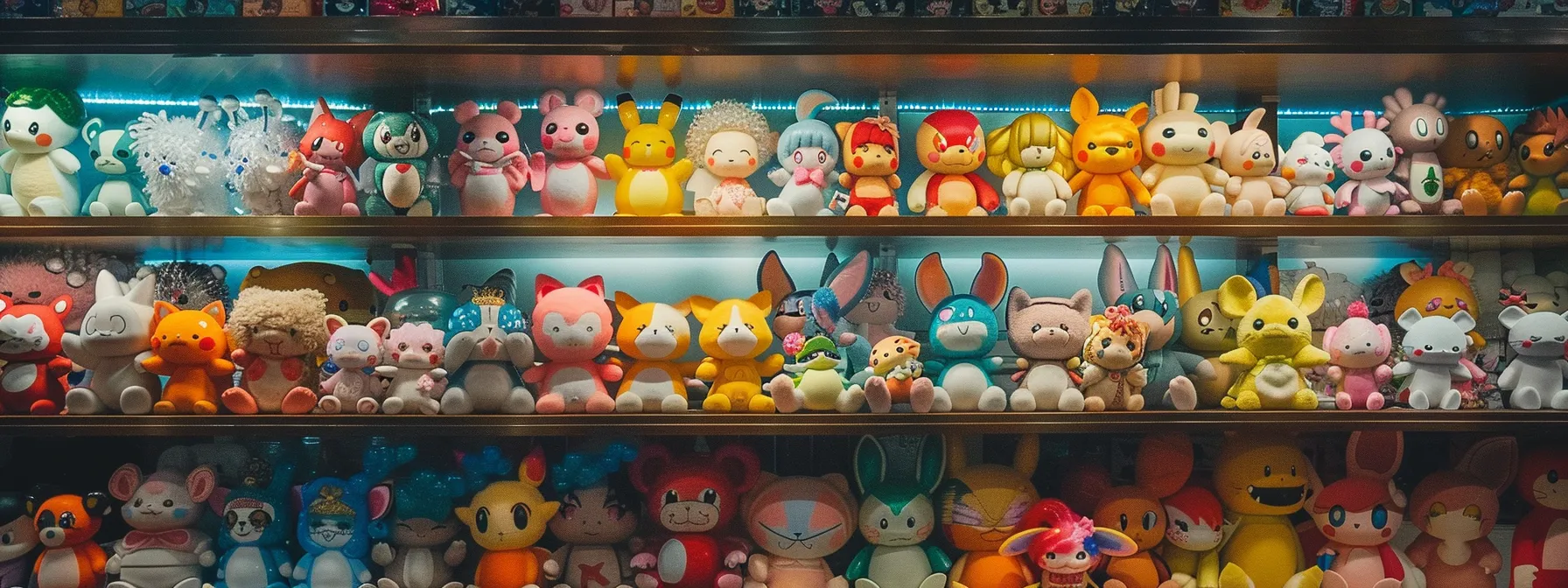 a vibrant display of colorful anime figurines and plushies arranged on shelves.