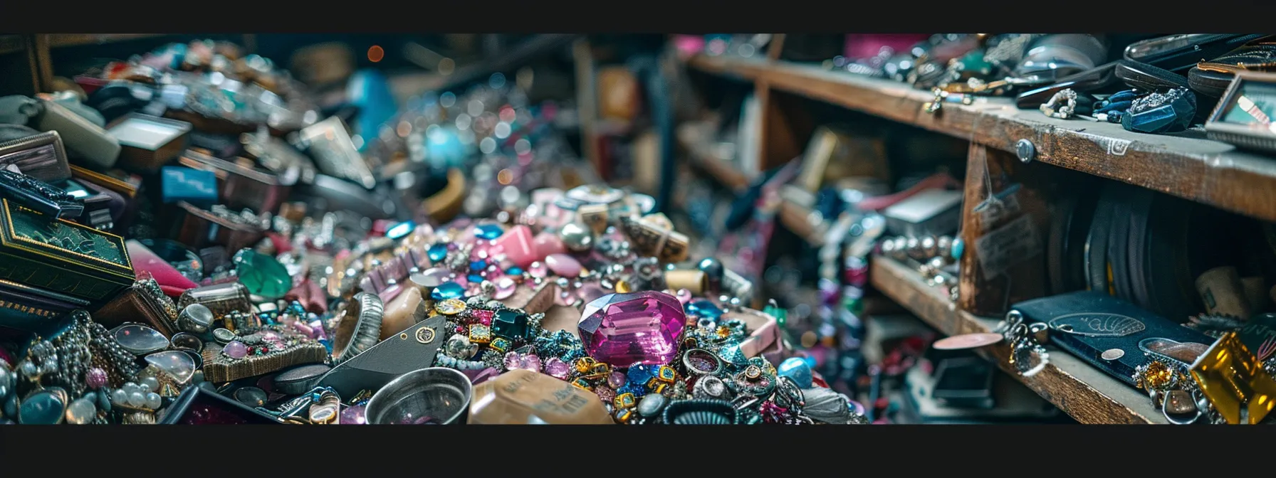 amidst a sea of cluttered shelves, a vibrant fuchsia gem stands out among a pile of costume jewelry in a thrift store.