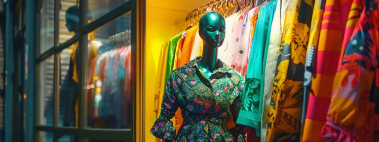 a chic mannequin adorned in trendy, colorful garments stands in the vibrant window display of a high-end fashion boutique.