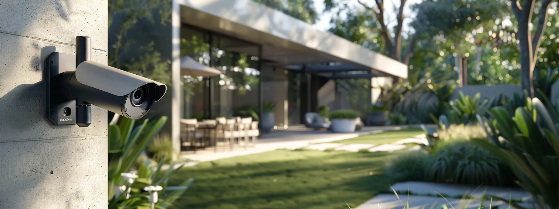 a modern, sleek security camera mounted on a corner of a house, overlooking a well-manicured garden.