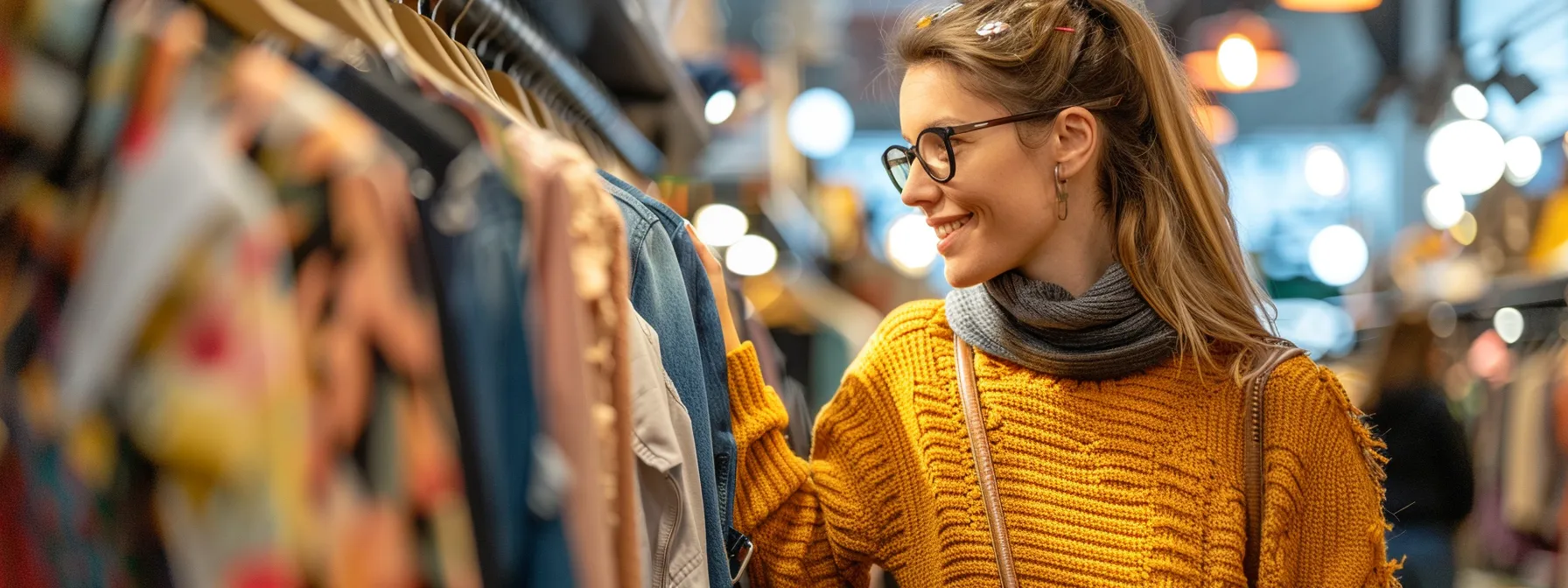 a stylish woman browsing through racks of trendy discount accessories in a brightly-lit boutique.