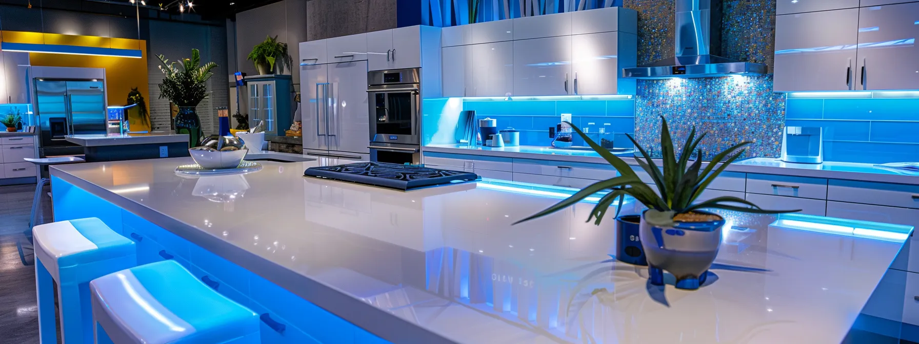 a modern kitchen showroom with sleek countertops, colorful backsplashes, and shiny appliances on display.