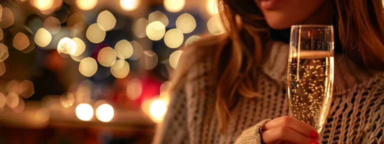 a woman in a cozy sweater covered in champagne flute and bubbles prints, enjoying a festive gathering at apparelparty.