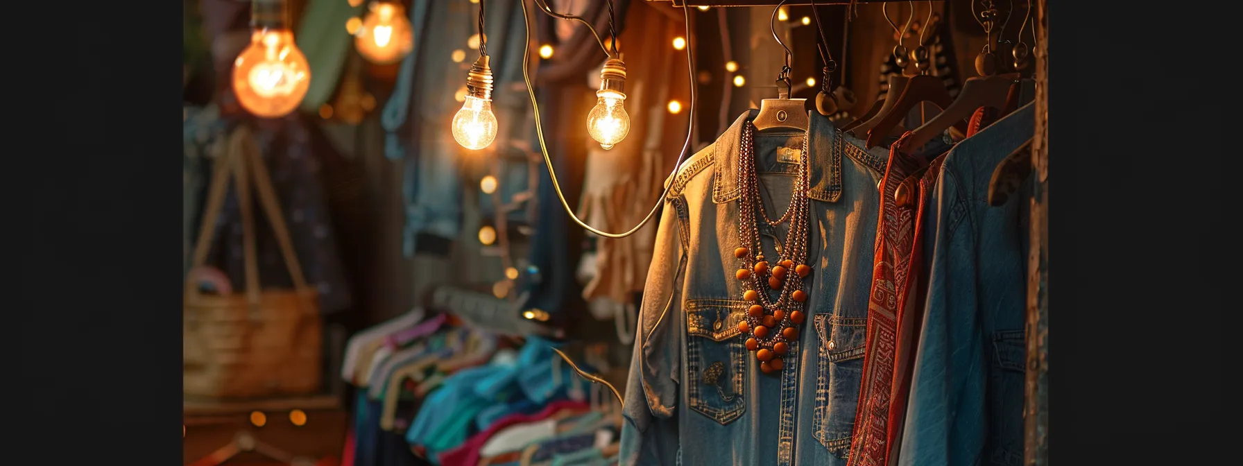 a sparkling, handmade necklace hanging from a clothes hanger next to a pile of old clothing ready to be transformed into trendy accessories.