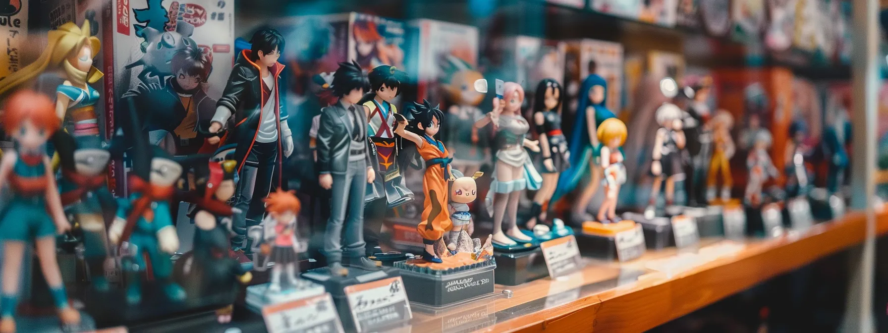 a vibrant display of rare anime figures and accessories at a local anime merchandise store.