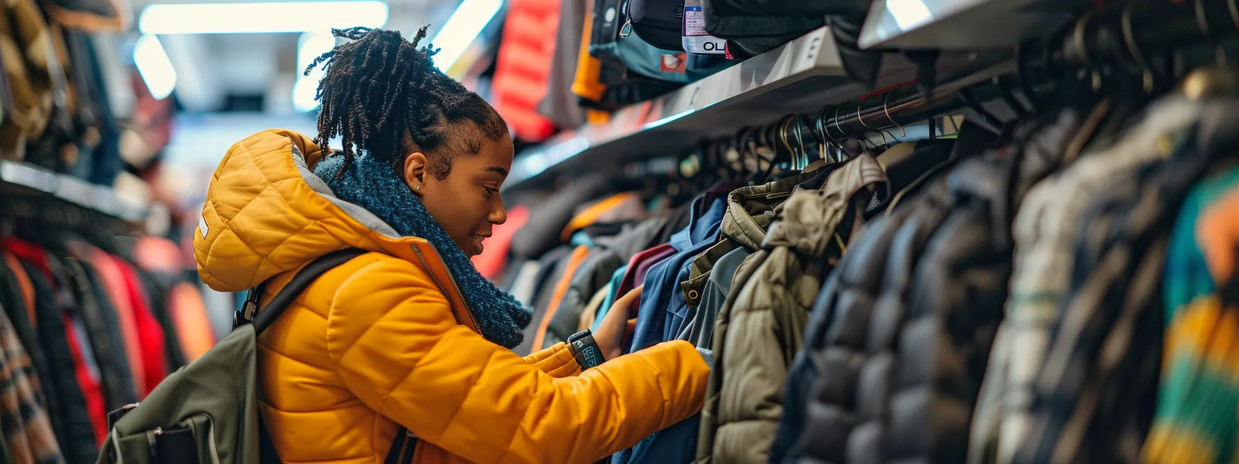 a stylish shopper confidently navigating through racks of trendy clothes with the help of a personal shopper at the vibrant clothy store.