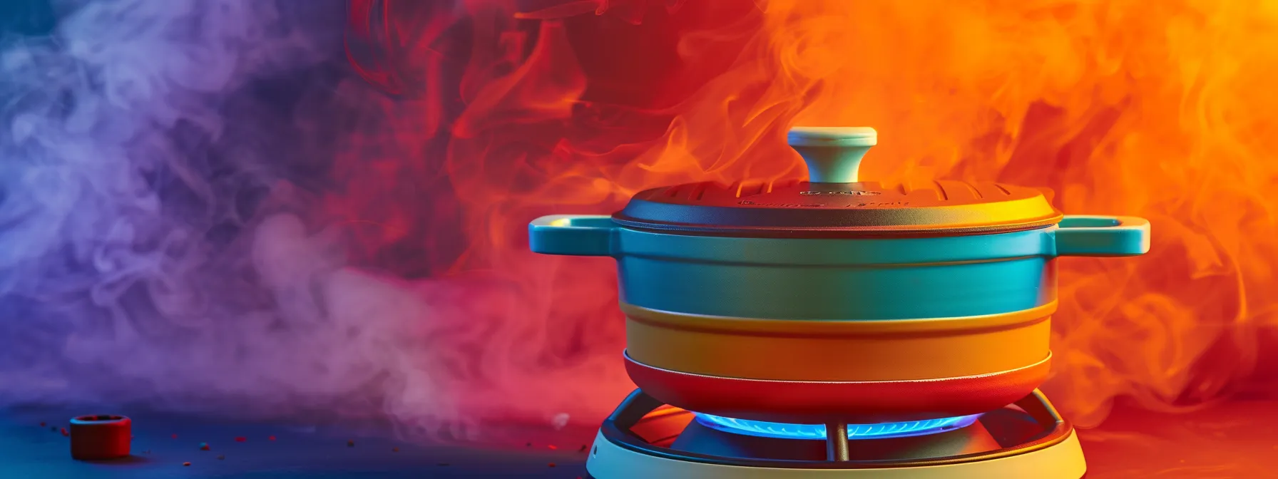 a colorful and versatile hotpot pot sitting on a sleek portable burner, ready for on-the-go culinary adventures.