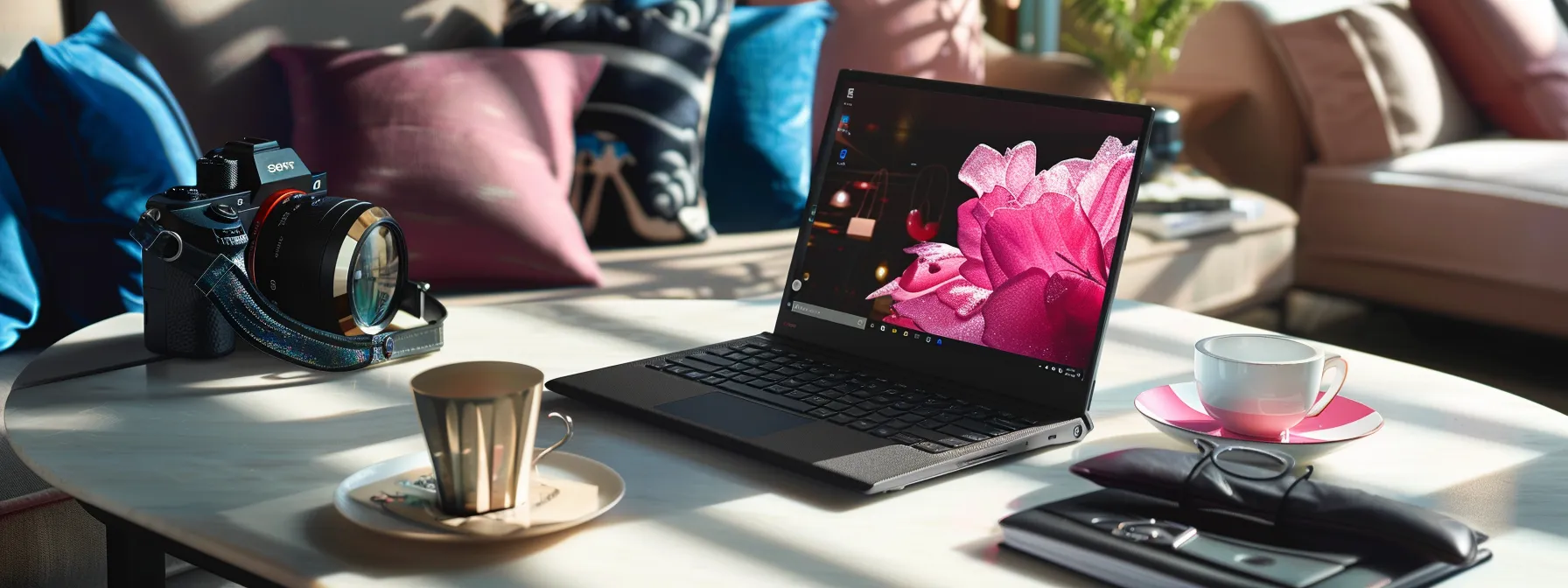 a sleek and modern laptop displaying the topshop online selection, surrounded by stylish fashion accessories and a cup of coffee on a chic desk.