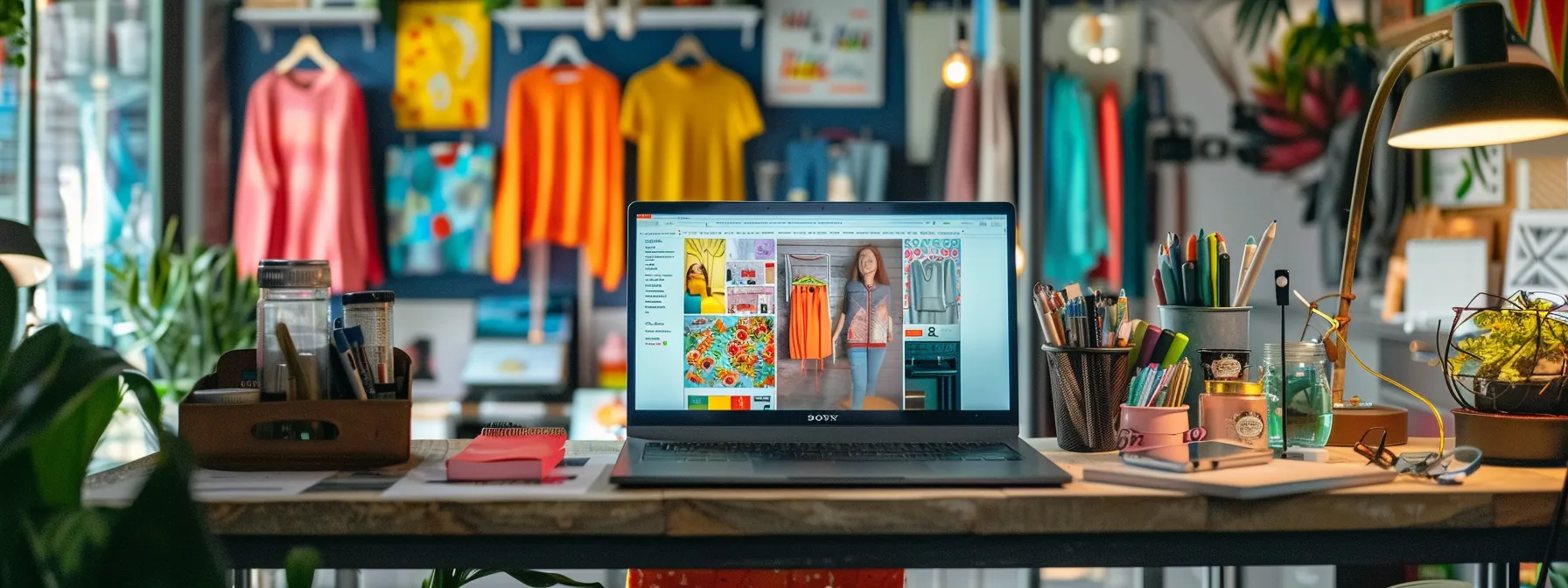 a bustling online platform filled with colorful images of trendy clothes and accessories on a laptop screen.