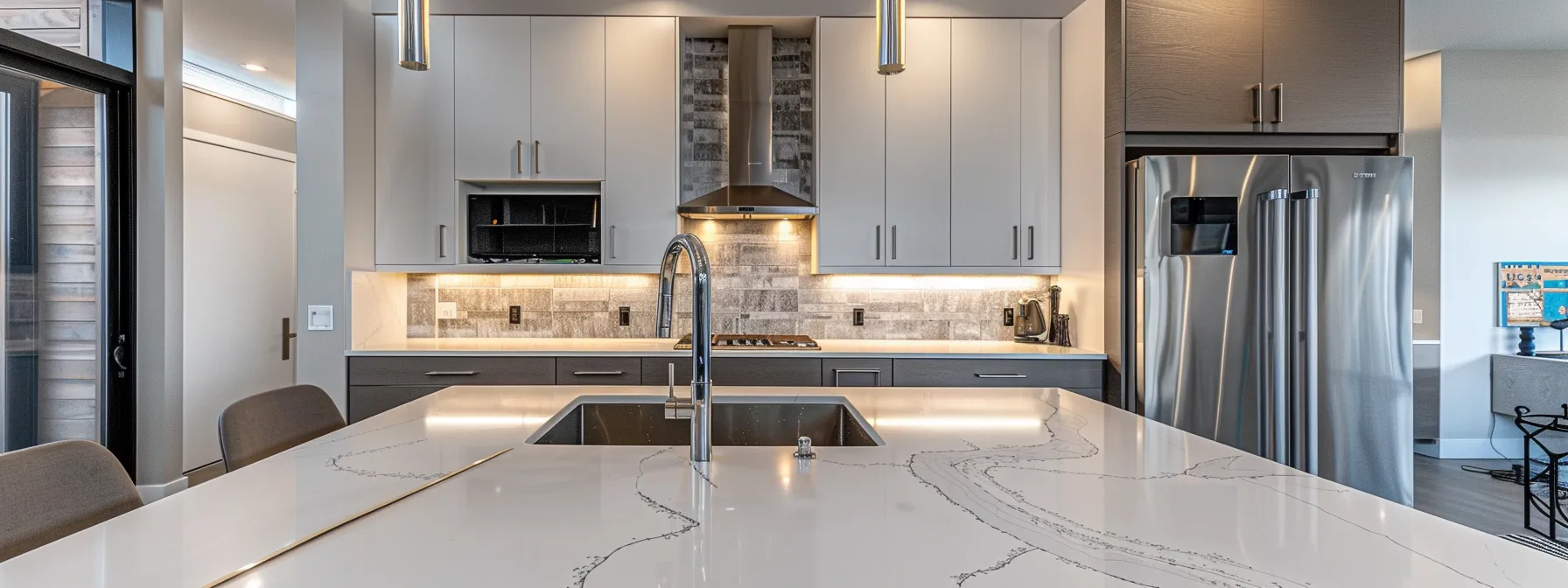 a sleek, minimalist kitchen with modern appliances, clean lines, and a stylish backsplash being installed with precision by a professional contractor.