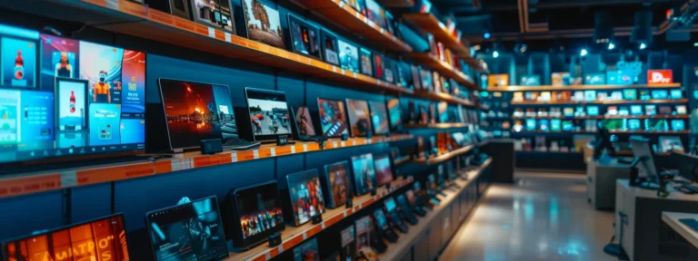 a diverse array of top-of-the-line electronics displayed on a sleek, modern store shelf.