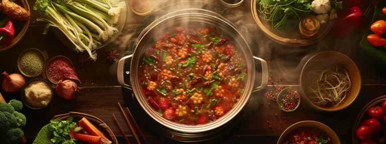 a steaming, vibrant red hotpot pot surrounded by an array of fresh ingredients.