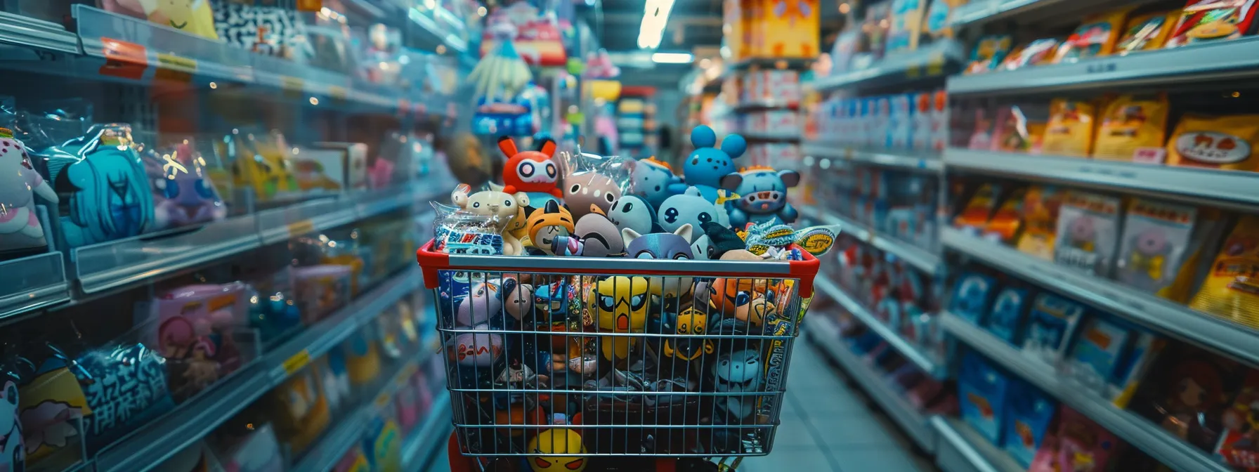 a colorful array of anime merchandise displayed in an online shopping cart.