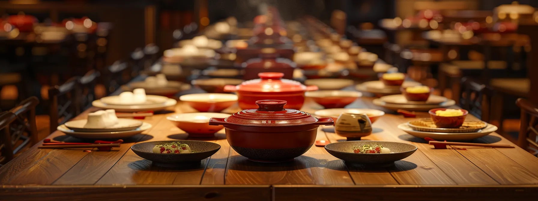 a table set with a variety of hotpot pots, from small and intimate to large and accommodating, ready to host a feast for any size company.