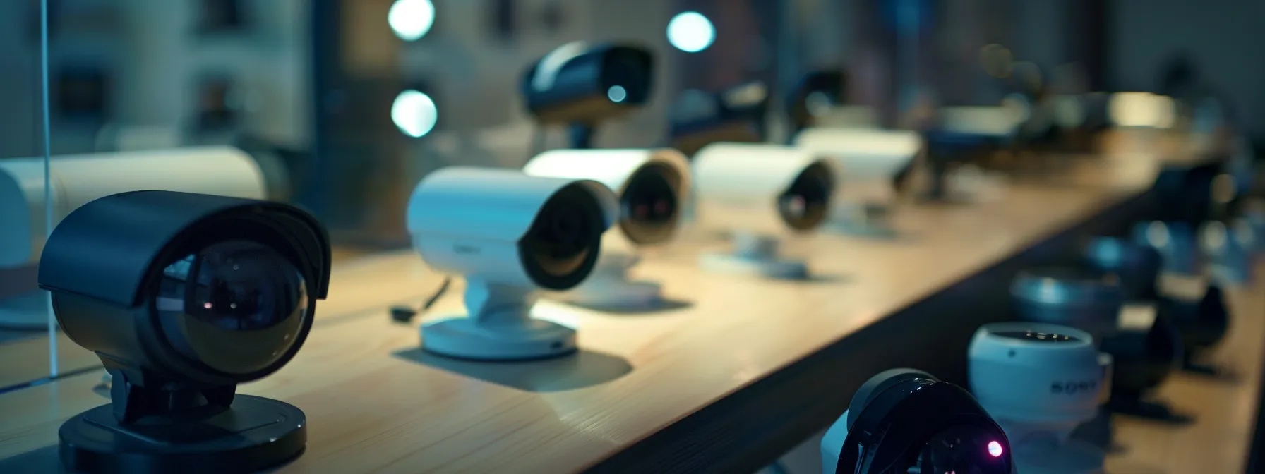 a selection of security cameras displayed on a table, contrasting different sizes, designs, and capabilities.