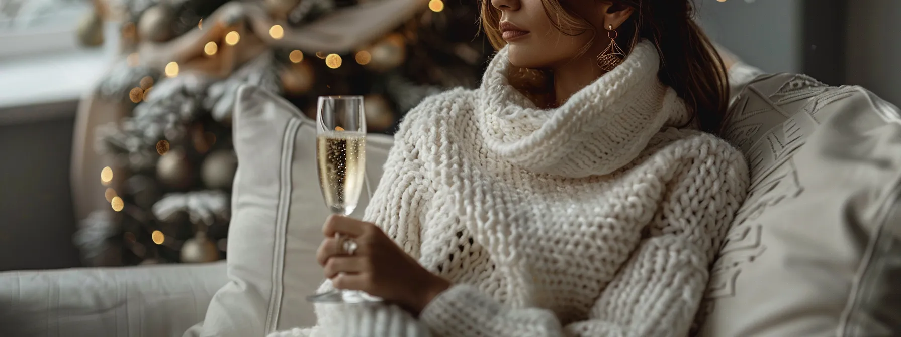 a cozy champagne lover's pullover styled with a chic scarf and statement earrings, exuding effortless sophistication.