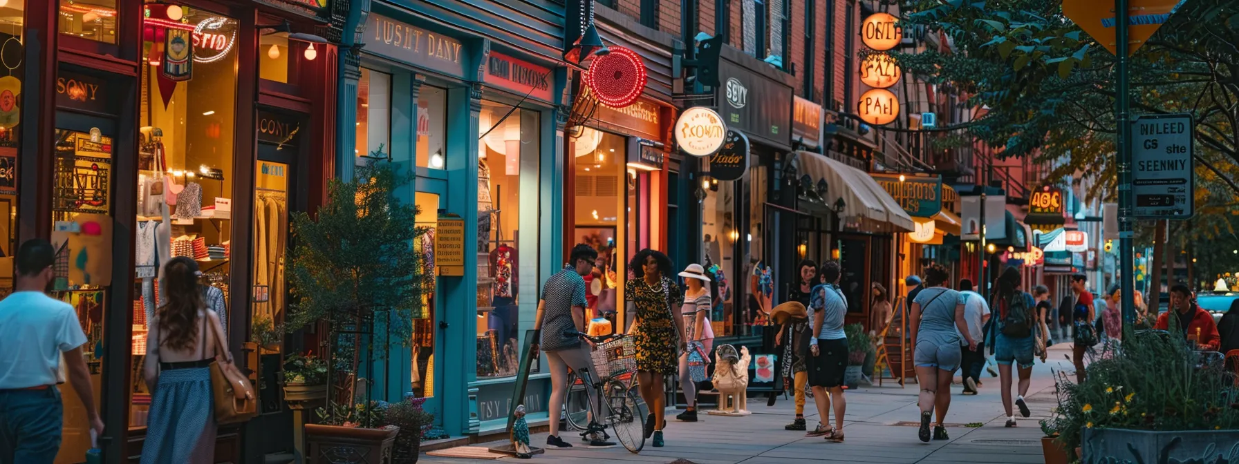 a vibrant, bustling street lined with colorful storefronts of local women's boutiques, bustling with shoppers showing support for their community.